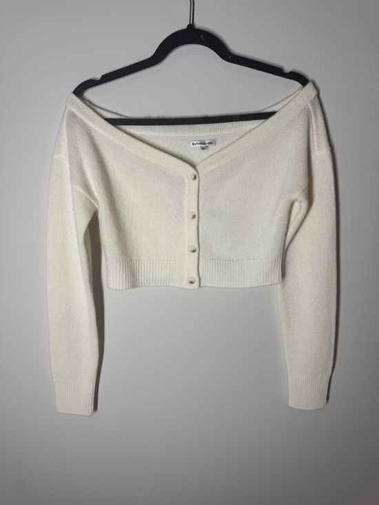 Reformation Millie Cashmere Cream Cropped Off-Shoulder Button Cardigan - Picture 4 of 10